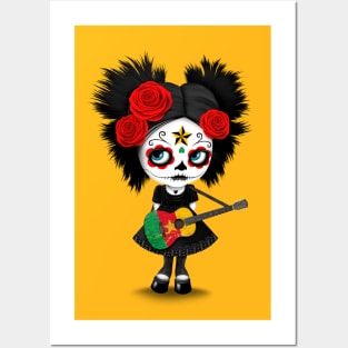 Sugar Skull Girl Playing Cameroon Flag Guitar Posters and Art